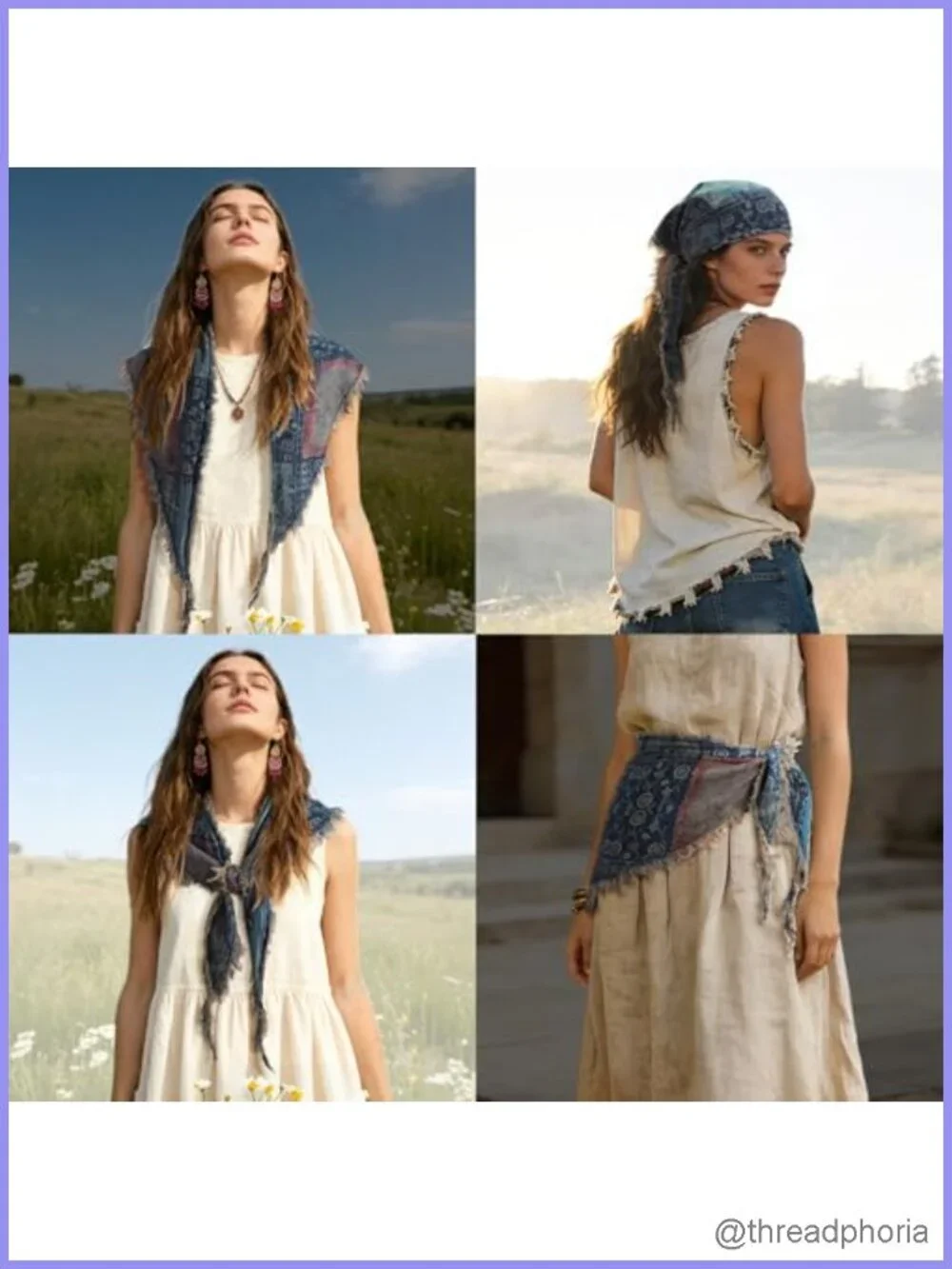 Women Vintage Cotton Triangle Scarf Floral Print Raw Fringe Edge Bandana
